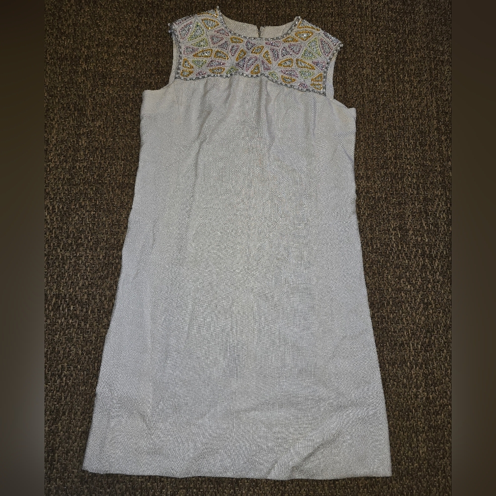 1960s Nat Kaplan White Sleeveless Midi Dress with Beaded Pastel Yoke